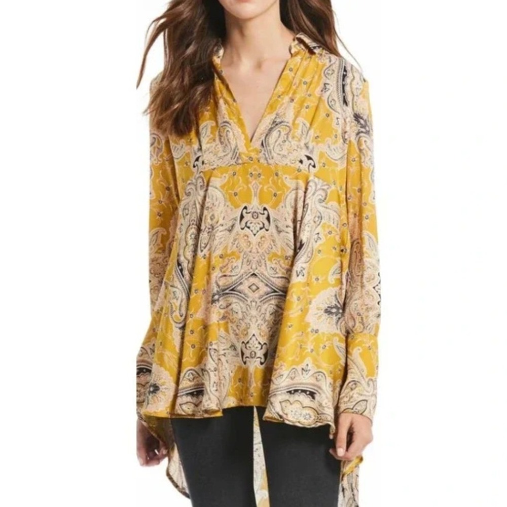 Free People Womens Sz XS Yellow Paisley High Low Tunic V-Neck Blouse Long Sleeve